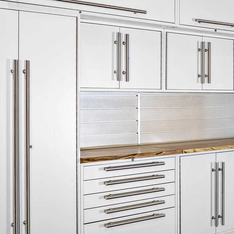 Proslat Lux Pure White 13-Foot 9-Piece Garage Cabinet System with Stainless Steel Worktop