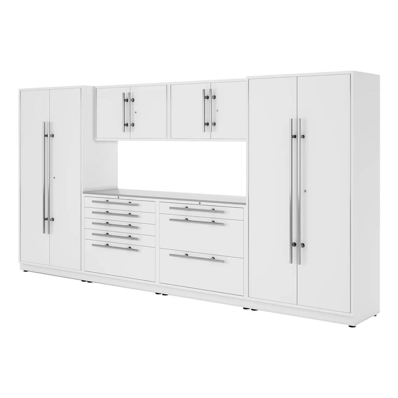 Proslat Lux Pure White 13-Foot 7-Piece Garage Cabinet System with Stainless Steel Countertop