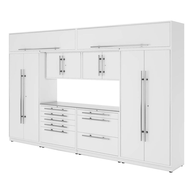 Proslat Lux Pure White 13-Foot 9-Piece Garage Cabinet System with Stainless Steel Countertop