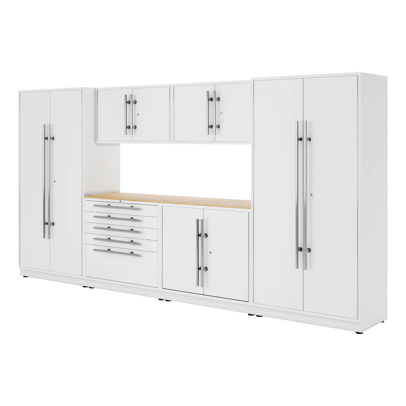 Proslat Lux Pure White 13-Foot 7-Piece Garage Cabinet System with Maple Worktop