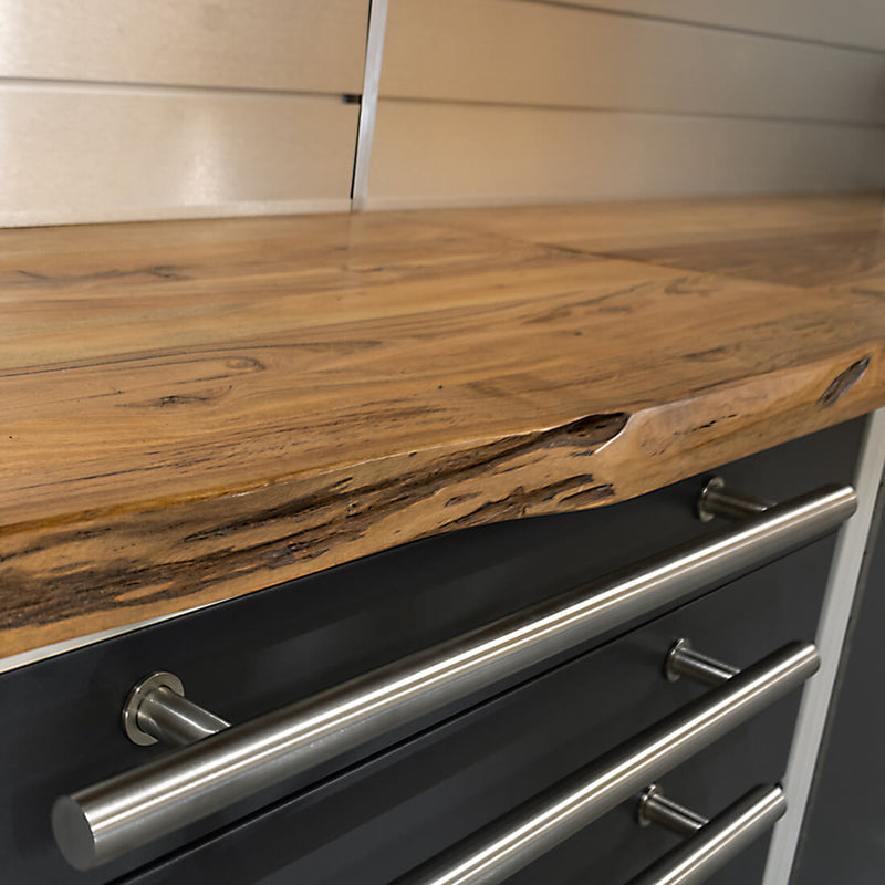 Proslat Lux Storm Gray 13-Foot 7-Piece Garage Cabinet System with Live Edge Wood Worktop