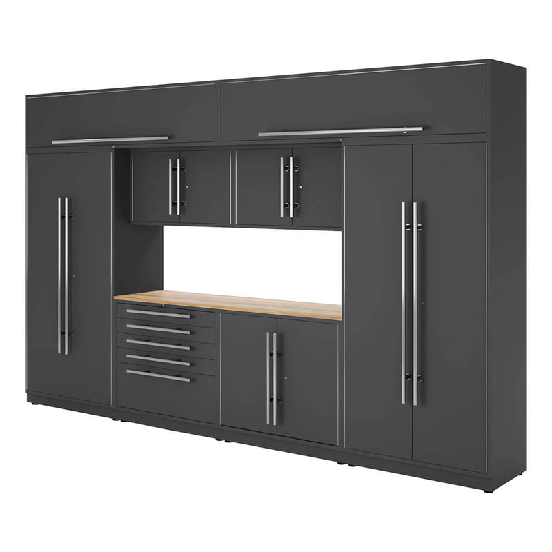 Proslat Lux Storm Gray 13-Foot 9-Piece Garage Cabinet System with Live Edge Wood Worktop