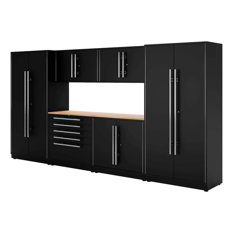 Proslat Lux Black 13-Foot 7-Piece Garage Cabinet System with Live Edge Wood Worktop