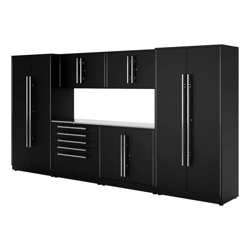 Proslat Lux Black 13-Foot 7-Piece Garage Cabinet System with Stainless Steel Worktop