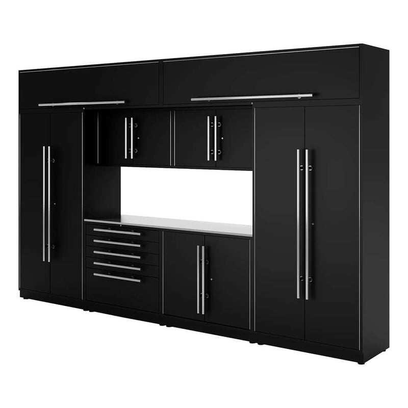 Proslat Lux Black 13-Foot 9-Piece Garage Cabinet System with Stainless Steel Worktop
