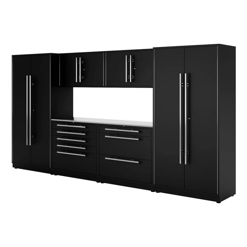 Proslat Lux Black 13-Foot 7-Piece Garage Cabinet System with Stainless Steel Countertop