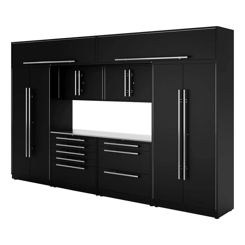 Proslat Lux Black 13-Foot 9-Piece Garage Cabinet System with Stainless Steel Countertop