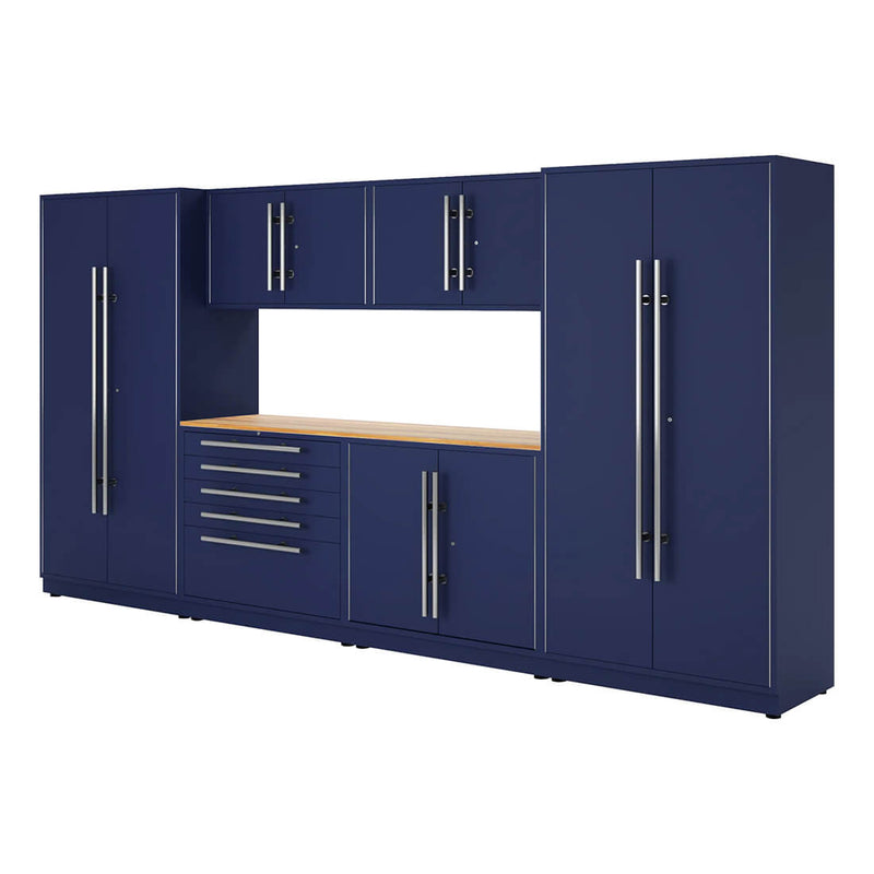 Proslat Lux Midnight Blue 13-Foot 7-Piece Garage Cabinet System with Live Edge Wood Worktop