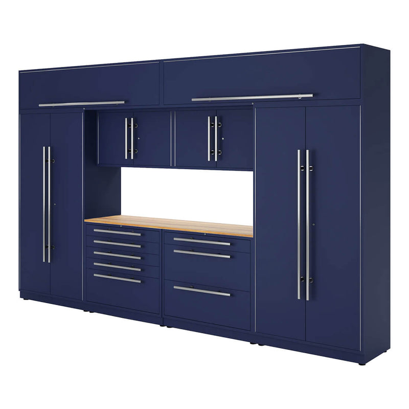 Proslat Lux Midnight Blue 13-Foot 9-Piece Garage Cabinet System with Live Edge Wood Countertop
