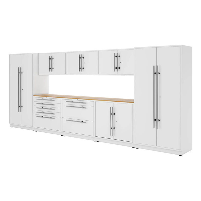 Proslat Lux Pure White 16-Foot 10-Piece Garage Cabinet System with Live Edge Wood Worktop