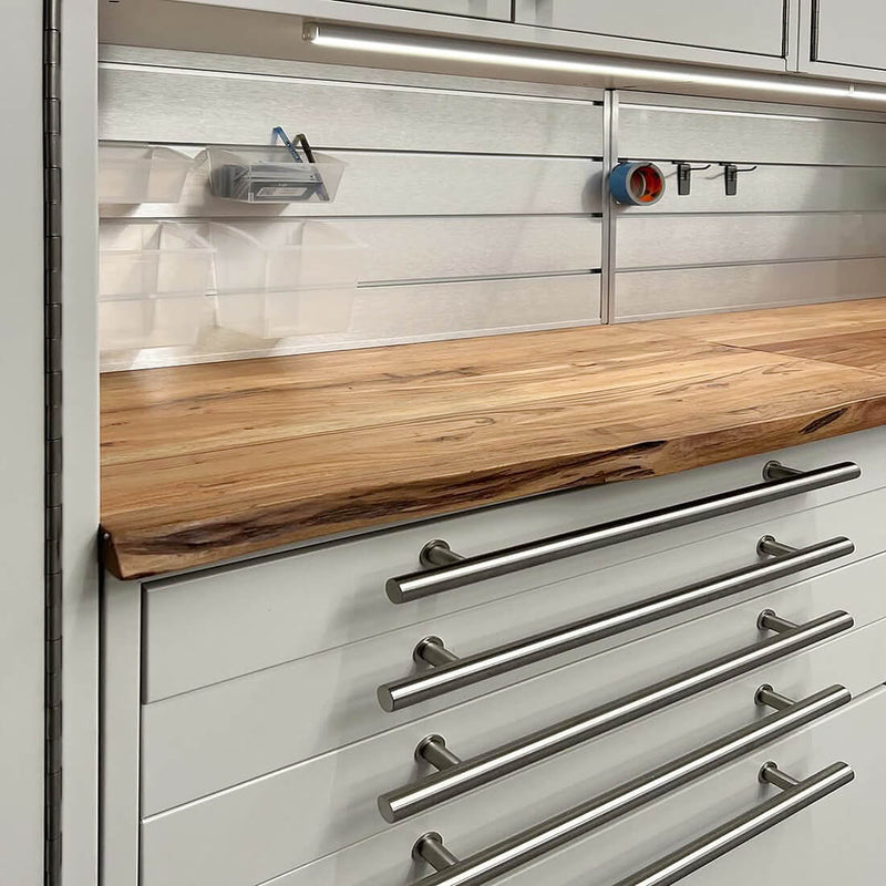 Proslat Lux Pure White 16-Foot 10-Piece Garage Cabinet System with Live Edge Wood Worktop