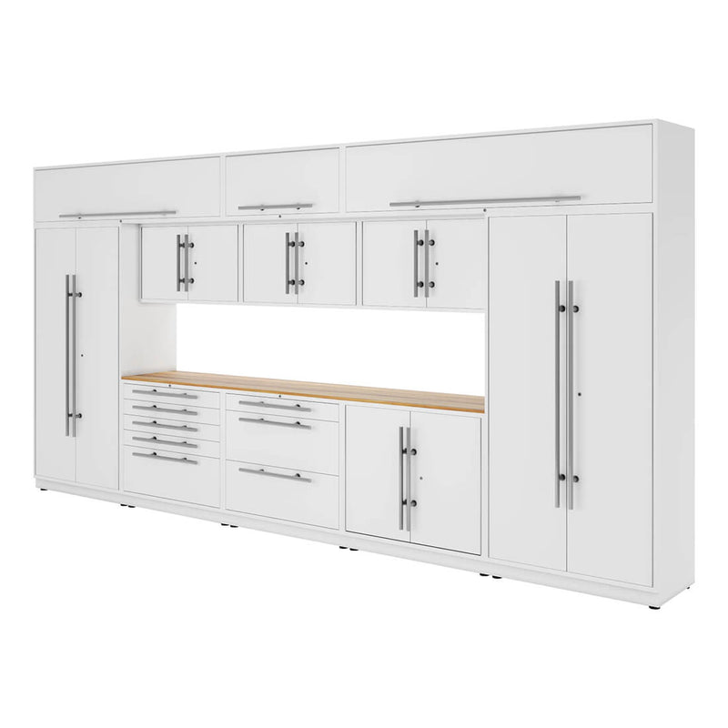 Proslat Lux Pure White 16-Foot 13-Piece Garage Cabinet System with Live Edge Wood Worktop