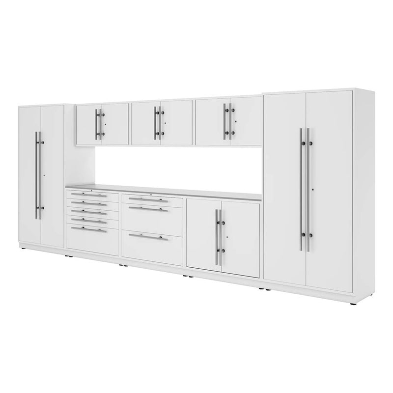 Proslat Lux Pure White 16-Foot 10-Piece Garage Cabinet System with Stainless Steel Worktop