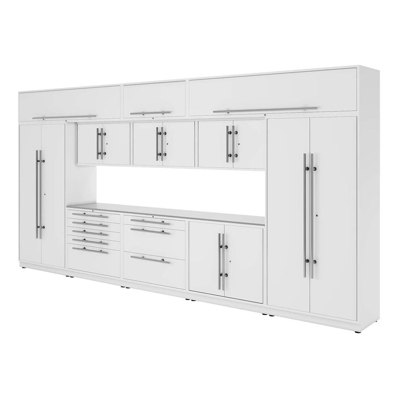 Proslat Lux Pure White 16-Foot 13-Piece Garage Cabinet System with Stainless Steel Worktop