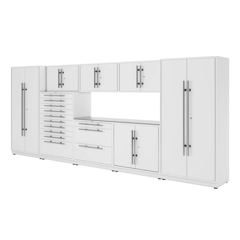 Proslat Lux Pure White 16-Foot 9-Piece Garage Cabinet System with Stainless Steel Worktop