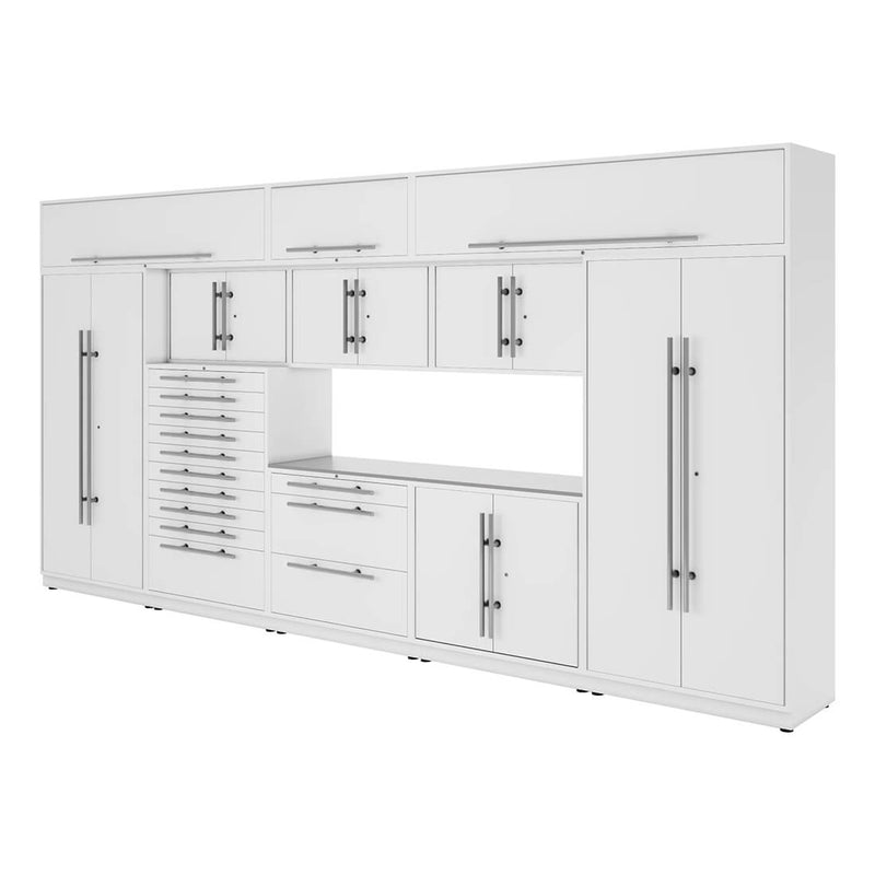 Proslat Lux Pure White 16-Foot 12-Piece Garage Cabinet System with Stainless Steel Worktop