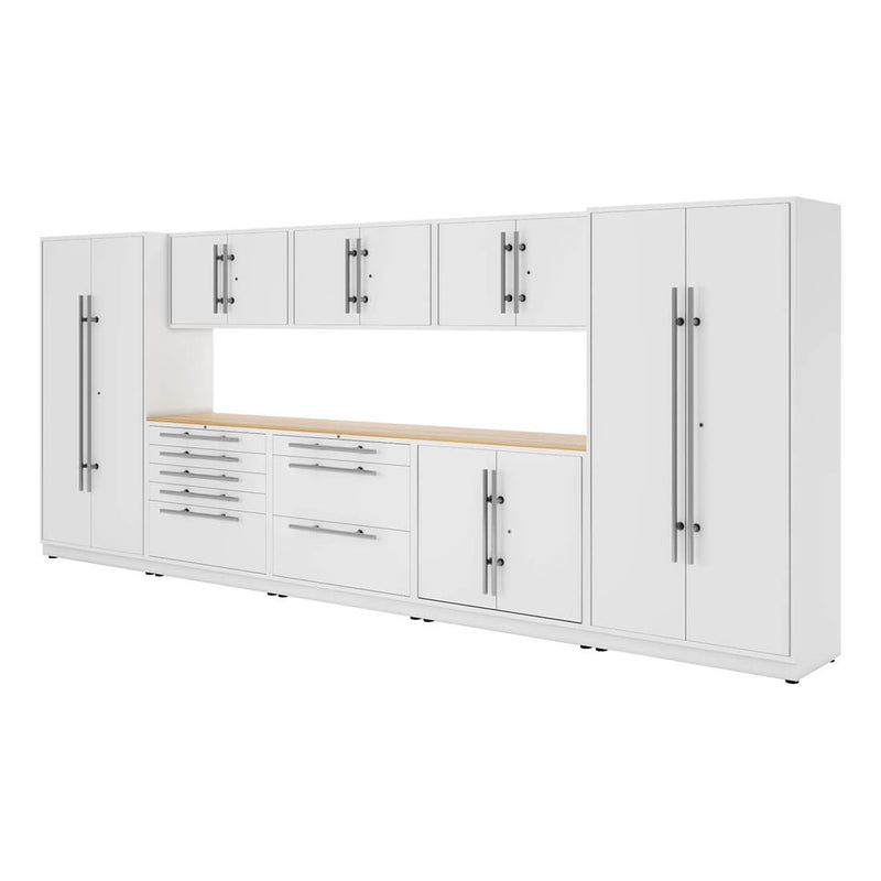 Proslat Lux Pure White 16-Foot 10-Piece Garage Cabinet System with Maple Worktop