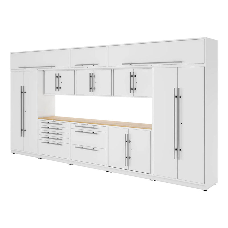 Proslat Lux Pure White 16-Foot 13-Piece Garage Cabinet System with Maple Worktop