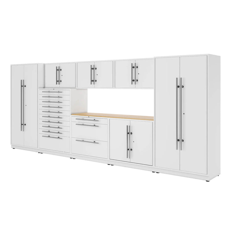 Proslat Lux Pure White 16-Foot 9-Piece Garage Cabinet System with Live Edge Wood Worktop
