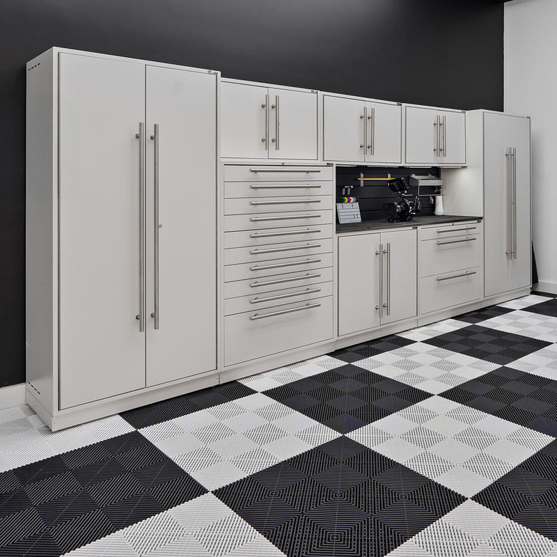 Proslat Lux Pure White 16-Foot 9-Piece Garage Cabinet System with Maple Worktop