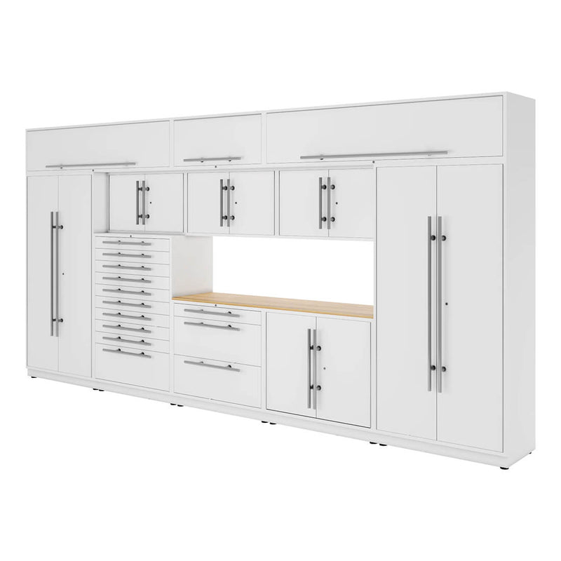 Proslat Lux Pure White 16-Foot 12-Piece Garage Cabinet System with Maple Worktop