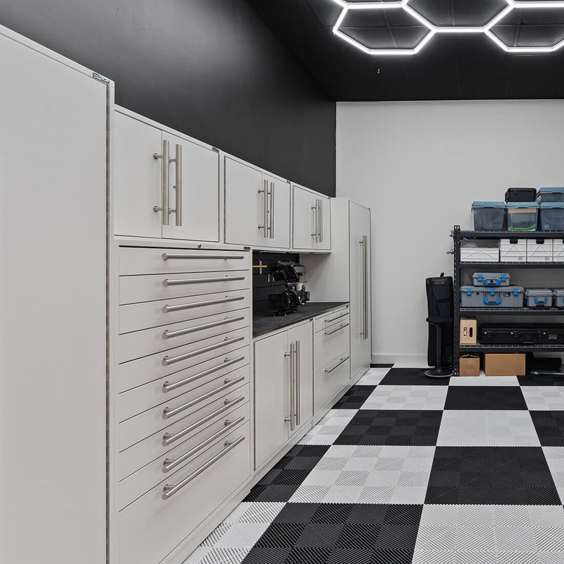 Proslat Lux Pure White 16-Foot 12-Piece Garage Cabinet System with Maple Worktop