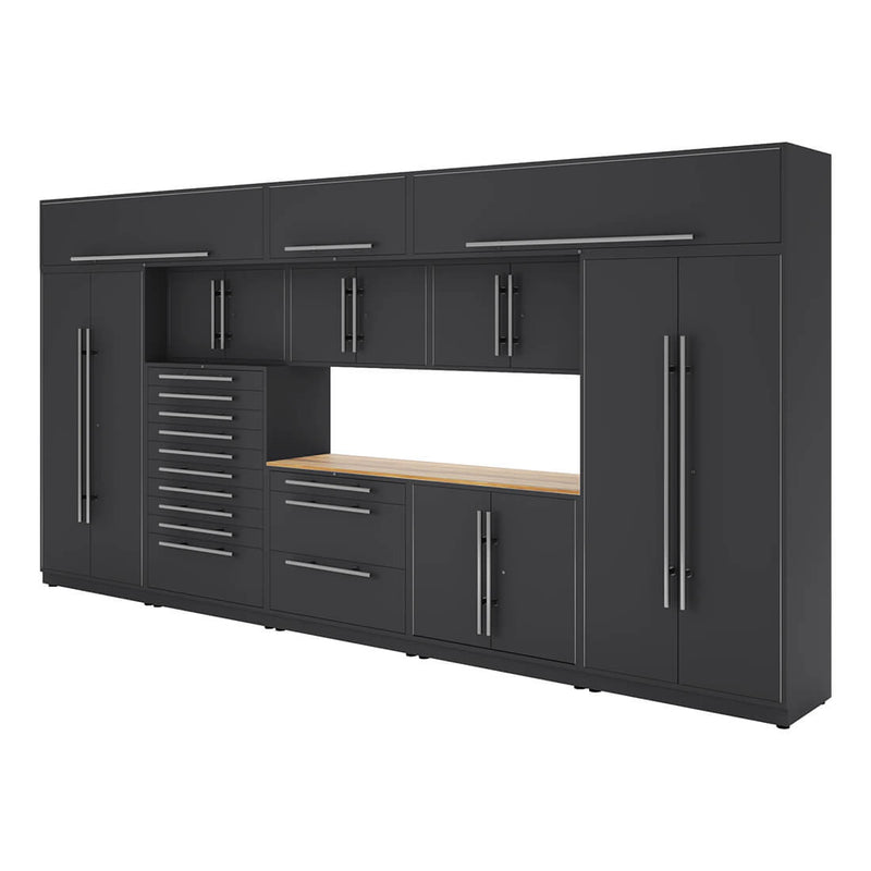Proslat Lux Storm Gray 16-Foot 12-Piece Garage Cabinet System with Live Edge Wood Worktop