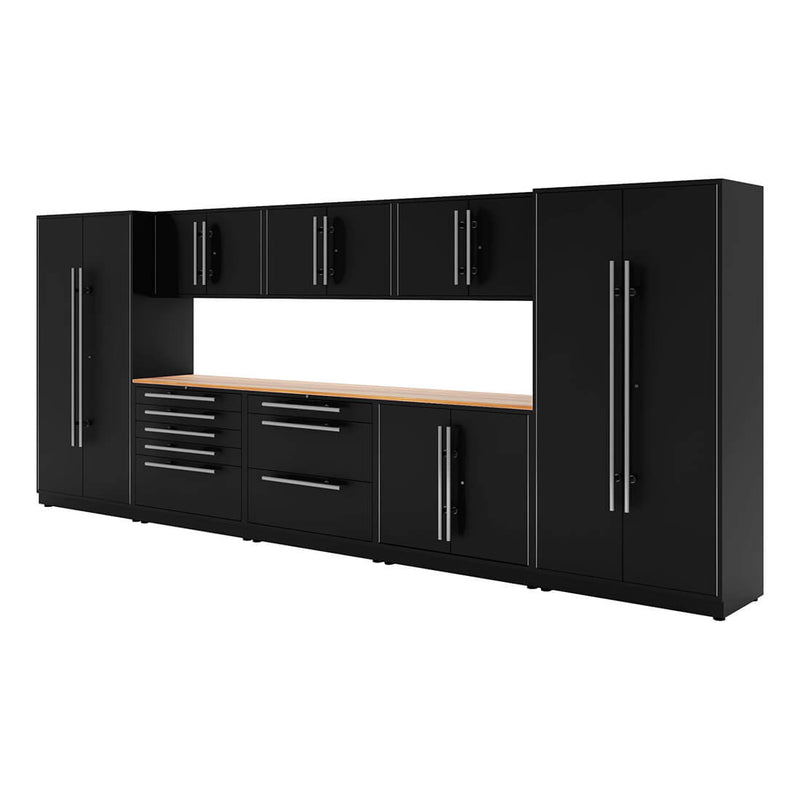 Proslat Lux Black 16-Foot 10-Piece Garage Cabinet System with Live Edge Wood Worktop