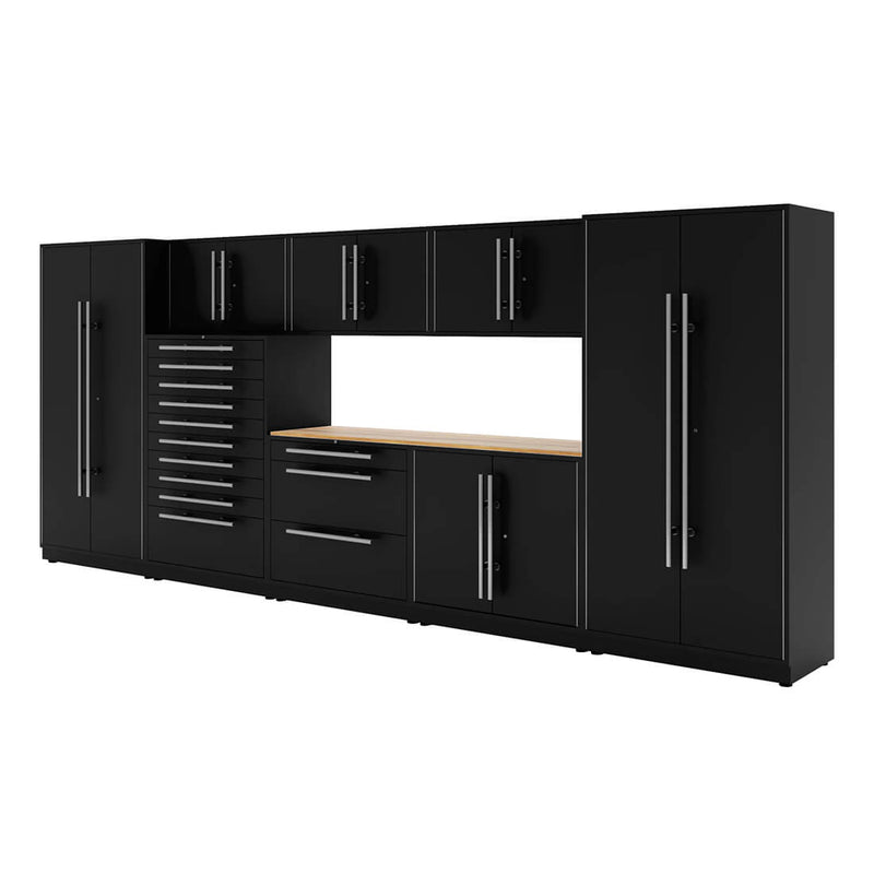 Proslat Lux Black 16-Foot 9-Piece Garage Cabinet System with Live Edge Wood Worktop