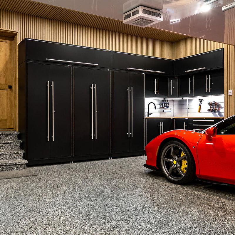 Proslat Lux Black 16-Foot 9-Piece Garage Cabinet System with Live Edge Wood Worktop