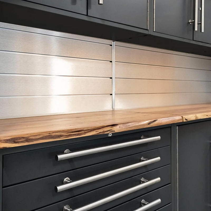 Proslat Lux Black 16-Foot 12-Piece Garage Cabinet System with Live Edge Wood Worktop