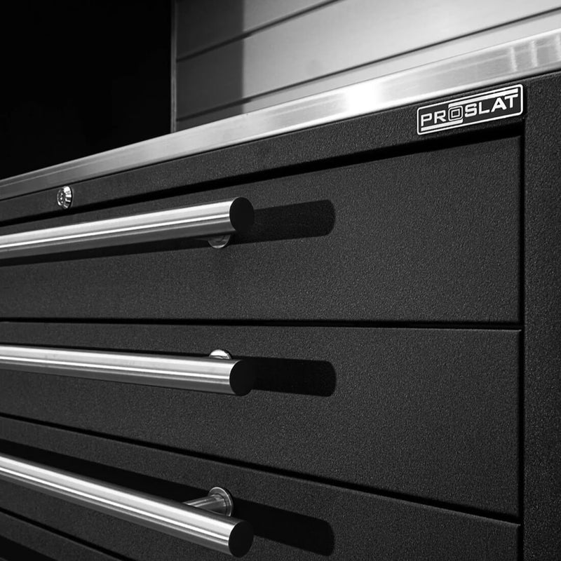 Proslat Lux Black 16-Foot 12-Piece Garage Cabinet System with Live Edge Wood Worktop