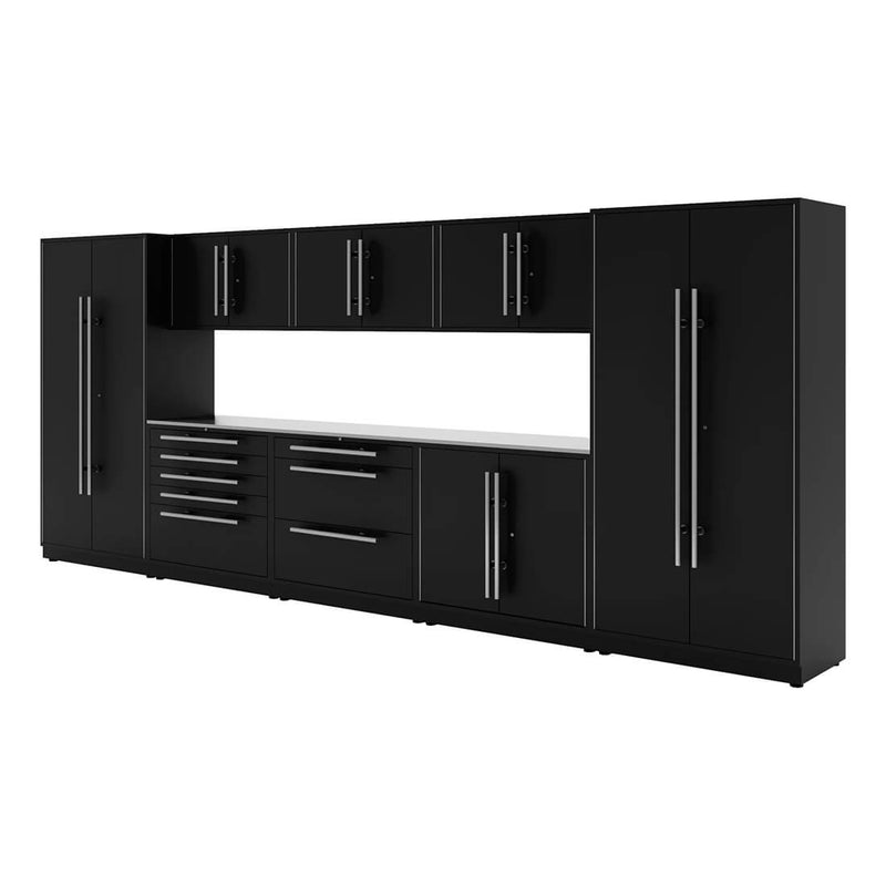 Proslat Lux Black 16-Foot 10-Piece Garage Cabinet System with Stainless Steel Worktop
