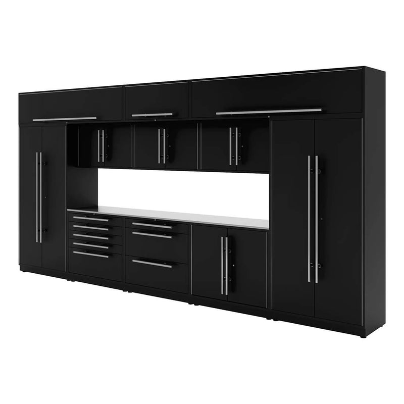 Proslat Lux Black 16-Foot 13-Piece Garage Cabinet System with Stainless Steel Worktop