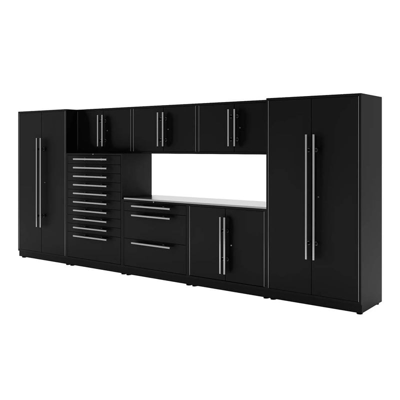 Proslat Lux Black 16-Foot 9-Piece Garage Cabinet System with Stainless Steel Worktop