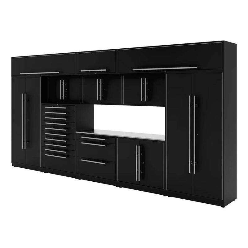 Proslat Lux Black 16-Foot 12-Piece Garage Cabinet System with Stainless Steel Worktop