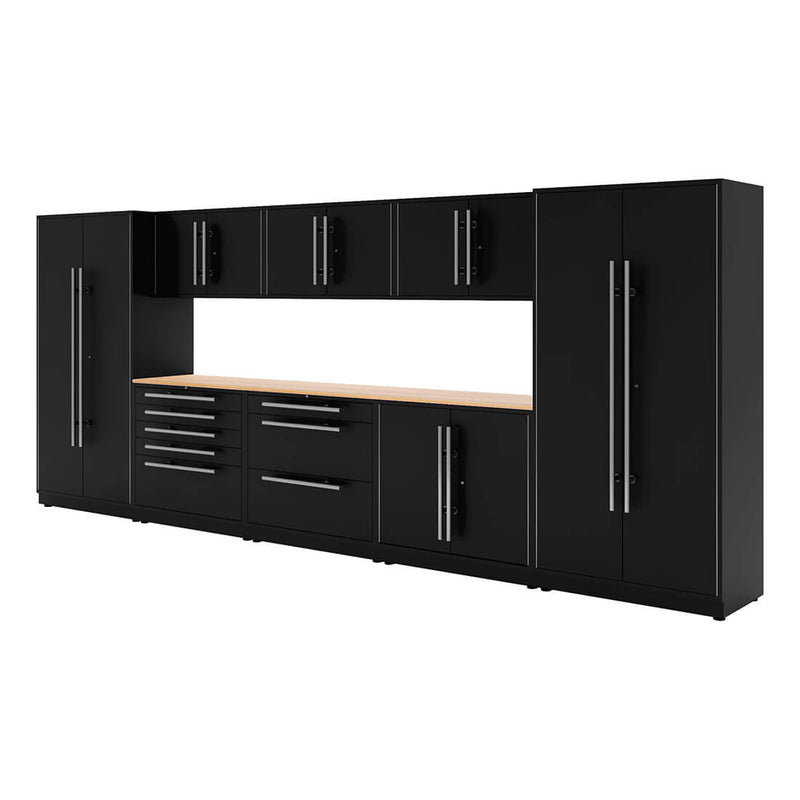 Proslat Lux Black 16-Foot 10-Piece Garage Cabinet System with Maple Worktop