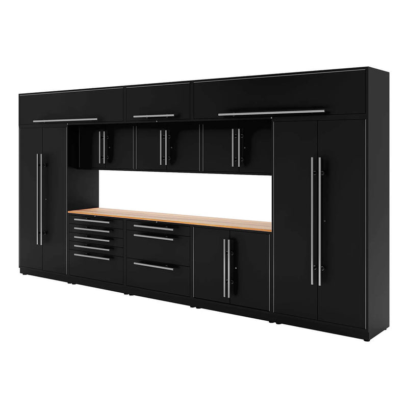 Proslat Lux Black 16-Foot 13-Piece Garage Cabinet System with Maple Worktop