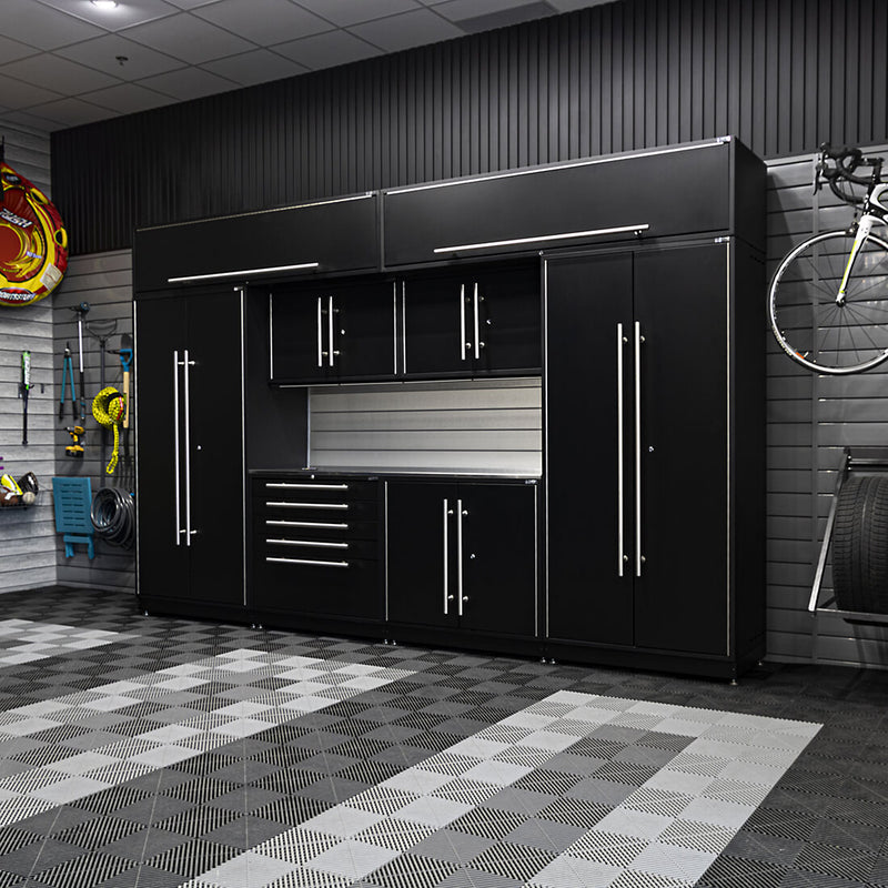 Proslat Lux Black 16-Foot 13-Piece Garage Cabinet System with Maple Worktop