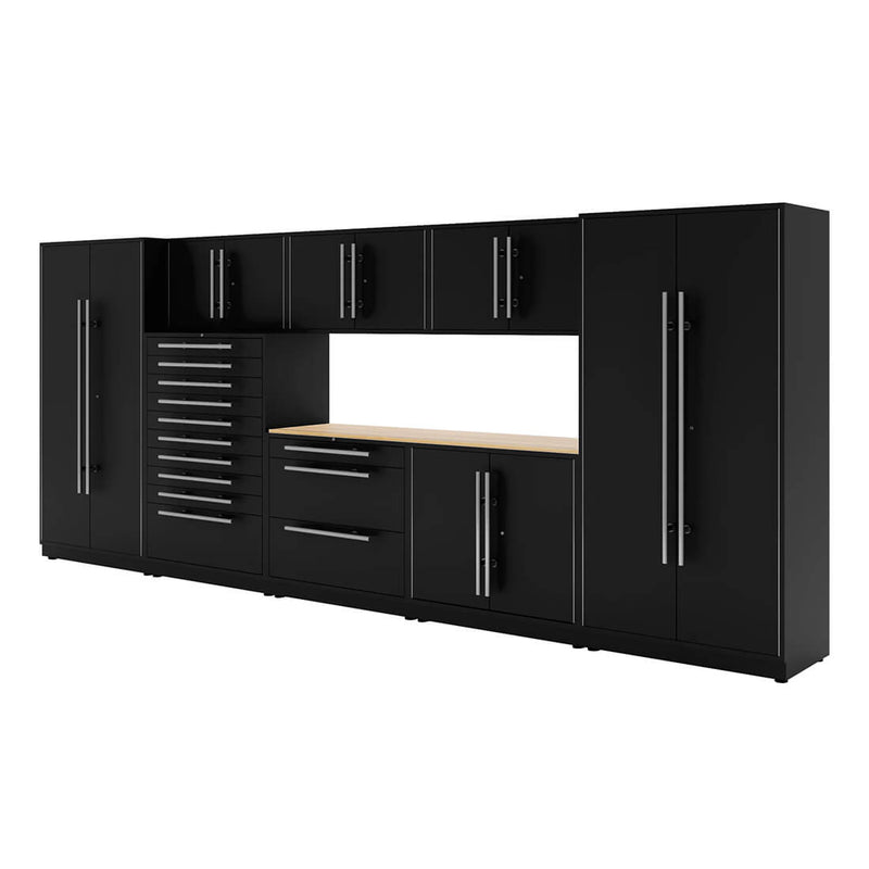 Proslat Lux Black 16-Foot 9-Piece Garage Cabinet System with Maple Worktop