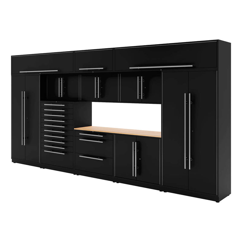 Proslat Lux Black 16-Foot 12-Piece Garage Cabinet System with Maple Worktop