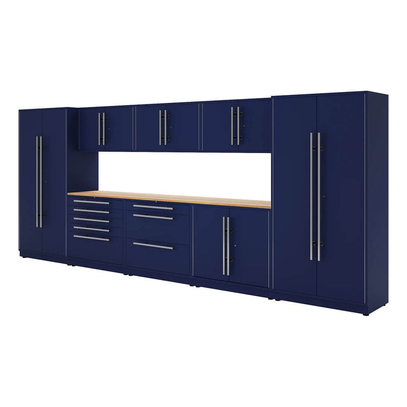 Proslat Lux Midnight Blue 16-Foot 10-Piece Garage Cabinet System with Live Edge Wood Worktop