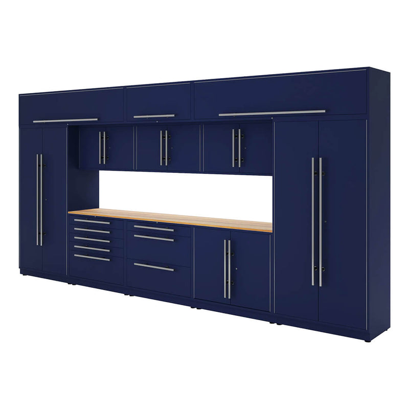 Proslat Lux Midnight Blue 16-Foot 13-Piece Garage Cabinet System with Live Edge Wood Worktop