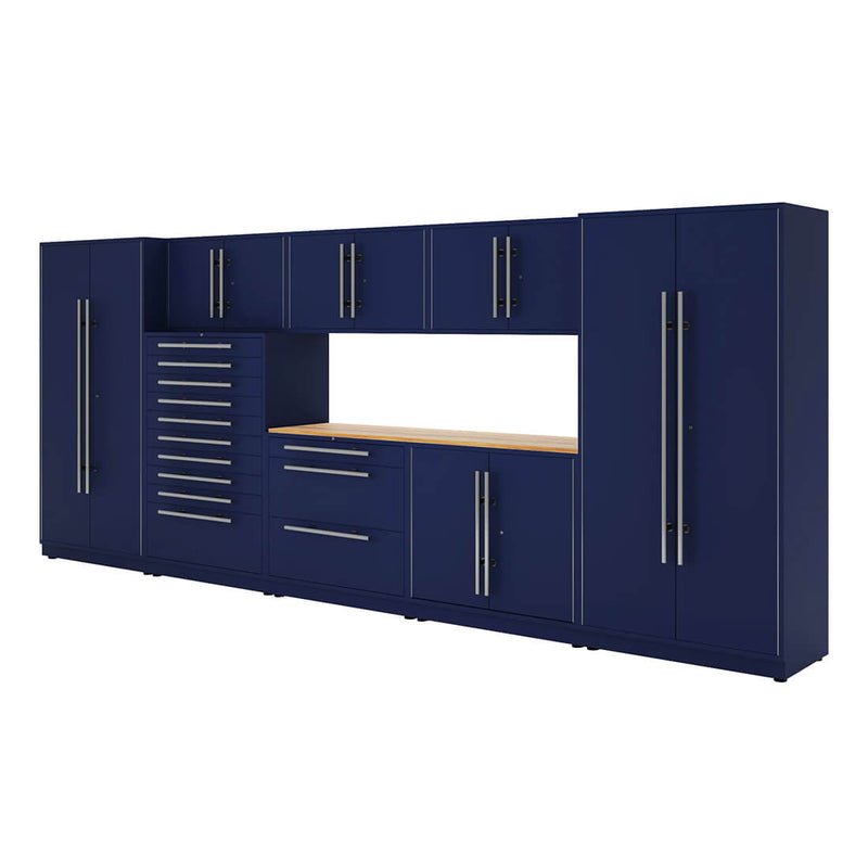 Proslat Lux Midnight Blue 16-Foot 9-Piece Garage Cabinet System with Live Edge Wood Worktop