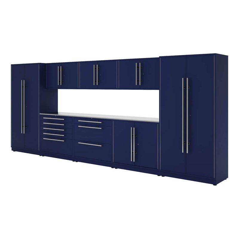 Proslat Lux Midnight Blue 16-Foot 10-Piece Garage Cabinet System with Stainless Steel Worktop