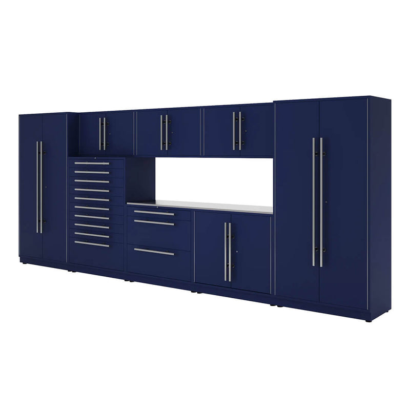 Proslat Lux Midnight Blue 16-Foot 9-Piece Garage Cabinet System with Stainless Steel Worktop