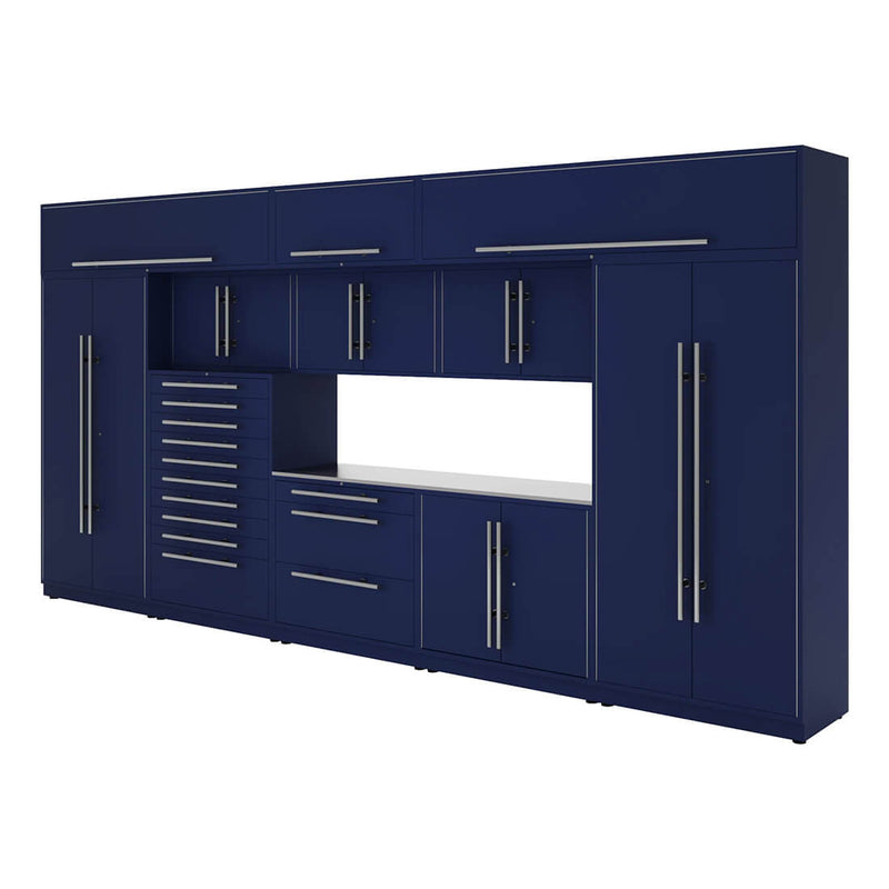Proslat Lux Midnight Blue 16-Foot 12-Piece Garage Cabinet System with Stainless Steel Worktop