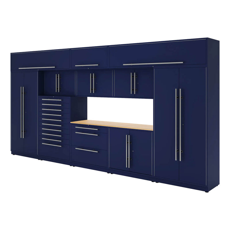 Proslat Lux Midnight Blue 16-Foot 12-Piece Garage Cabinet System with Maple Worktop