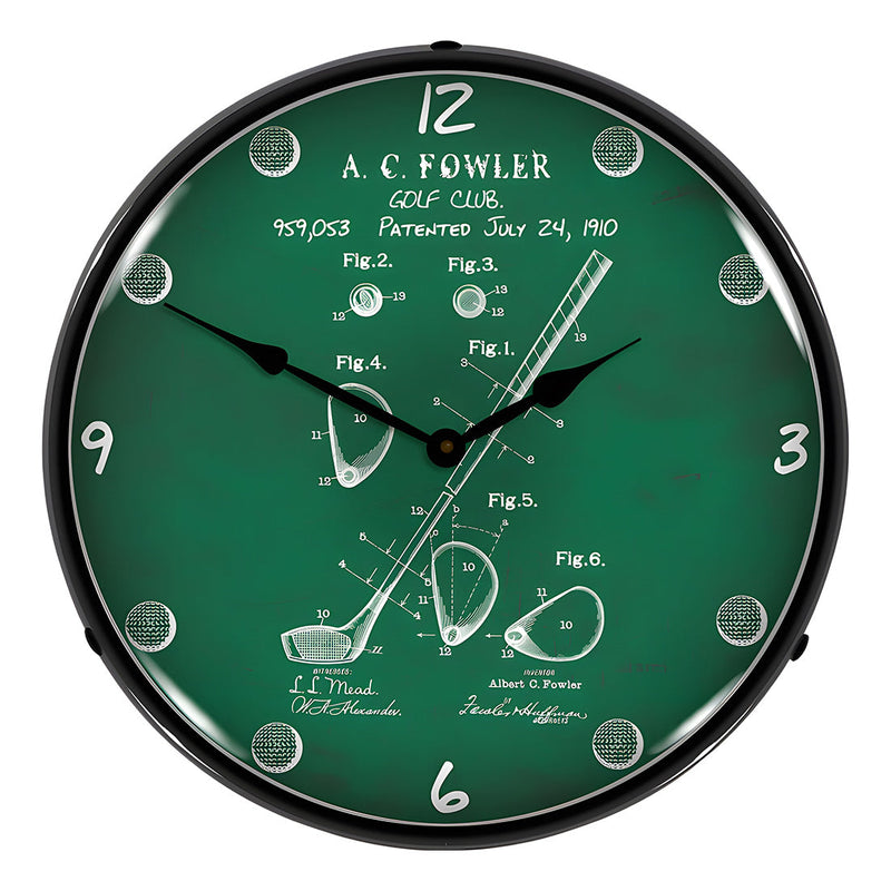Collectable Sign and Clock 1910 Golf Club Patent Blueprint Backlit Wall Clock