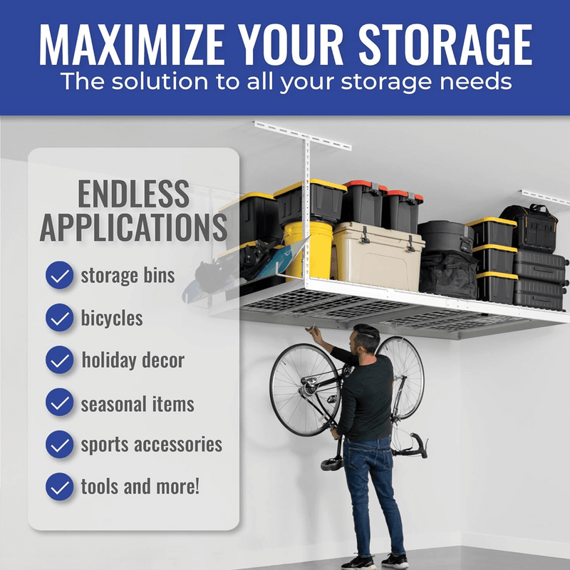 MonsterRAX Two 4' x 8' Overhead Storage Rack with 24-45-Inch Drop (White)